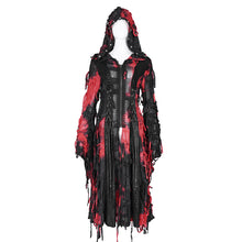 Load image into Gallery viewer, CT245 Black and Red women ragged Tie-dyed striped long-sleeved hooded long coat