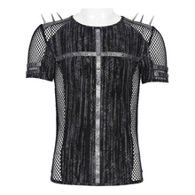 Load image into Gallery viewer, TT315 Punk Stretch Tie-Dyed Knit T-Shirt with Large Diamond Mesh Paneling