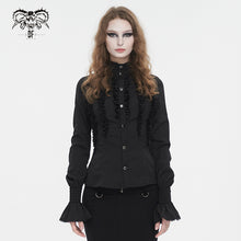 Load image into Gallery viewer, SHT10601 Black chiffon smocked lace stand collar women blouse