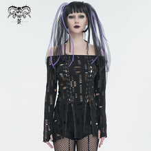 Load image into Gallery viewer, TT245 Ripped Knit Off-Shoulder Halter Neck Long Sleeve T-Shirt