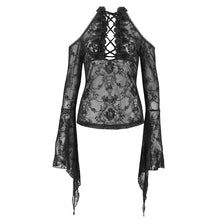 Load image into Gallery viewer, ETT030 Off-the-shoulder strappy flocked long-sleeved women's T-shirt