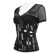 Load image into Gallery viewer, TT242 broken holes fine mesh and faux leather V-neck slim fit Short sleeve T-shirt