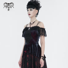 Load image into Gallery viewer, TT241 Wine velvet big lace flat shoulder short sleeves vest