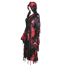 Load image into Gallery viewer, CT245 Black and Red women ragged Tie-dyed striped long-sleeved hooded long coat