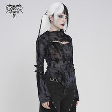 Load image into Gallery viewer, TT312 Punk Flocked Mesh High-Neck Draped-Collar Long-Sleeve T-Shirt