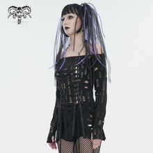 Load image into Gallery viewer, TT245 Ripped Knit Off-Shoulder Halter Neck Long Sleeve T-Shirt