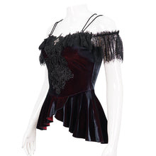 Load image into Gallery viewer, TT241 Wine velvet big lace flat shoulder short sleeves vest