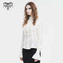 Load image into Gallery viewer, SHT10602 White chiffon smocked lace stand collar women's shirt