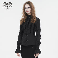 Load image into Gallery viewer, SHT10601 Black chiffon smocked lace stand collar women blouse