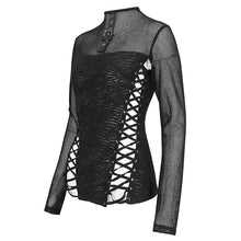 Load image into Gallery viewer, TT255 Diamond mesh stitching long sleeve strappy women's T-shirt