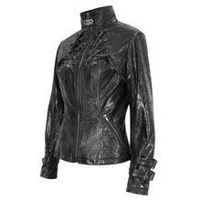 Load image into Gallery viewer, CT212 Stand collar strappy crackled leather jacket