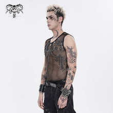 Load image into Gallery viewer, TT317 Large Diamond Mesh & Faux Leather Paneled Woven Punk T-Shirt