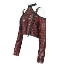 Load image into Gallery viewer, TT25302 Red Mesh off-shoulder halterneck long-sleeved women's T-shirt