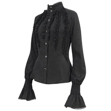 Load image into Gallery viewer, SHT10601 Black chiffon smocked lace stand collar women blouse