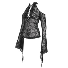 Load image into Gallery viewer, ETT030 Off-the-shoulder strappy flocked long-sleeved women's T-shirt
