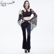 Load image into Gallery viewer, EPT007 New arrival cutout crotch black and red sexy women velvet flared pants with lace