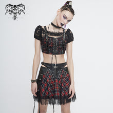 Load image into Gallery viewer, TT165 Scottish red plaid off shoulder sling short T-shirt