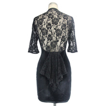 Load image into Gallery viewer, SKT030 daily lace raglan sleeves rose mesh flocking sexy women deep V velvet dress with lotus leaf