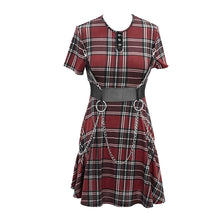Load image into Gallery viewer, SKT109 daily life cool girls mesh waist stretchy mid-length Scottish red plaid dress with chains