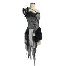Load image into Gallery viewer, ECST002 Black and silver irregular chiffon lace and ruffles hem corset with shoulder strap