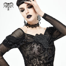 Load image into Gallery viewer, TT169 Gothic Off The Shoulder Back Swing Collar Printed Mesh T-shirt