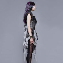 Load image into Gallery viewer, ECST002 Black and silver irregular chiffon lace and ruffles hem corset with shoulder strap