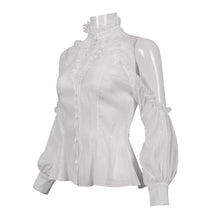 Load image into Gallery viewer, SHT08102 stand collar white fitted waist sexy ladies off the shoulder vertical striped lace Gothic shirts
