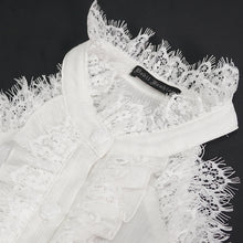 Load image into Gallery viewer, SHT08102 stand collar white fitted waist sexy ladies off the shoulder vertical striped lace Gothic shirts