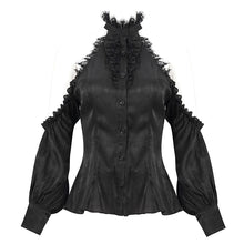 Load image into Gallery viewer, SHT08101 summer black fitted waist sexy women off the shoulder vertical striped lace Gothic blouse