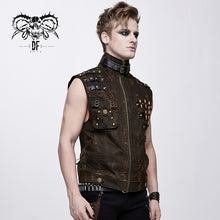 Load image into Gallery viewer, WT038 brown steampunk high collar lace up back zipper up men waistcoat with pockets