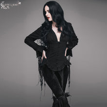 Load image into Gallery viewer, ESHT001 irregular hem lace triangular tassels jacquard sexy women long sleeves black blouse