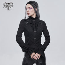 Load image into Gallery viewer, SHT07601 Autumn 3D appliqued shoulder lace stand collar striped black gothic women blouse
