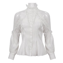 Load image into Gallery viewer, SHT08102 stand collar white fitted waist sexy ladies off the shoulder vertical striped lace Gothic shirts
