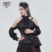 Load image into Gallery viewer, SHT08101 summer black fitted waist sexy women off the shoulder vertical striped lace Gothic blouse