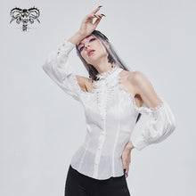 Load image into Gallery viewer, SHT08102 stand collar white fitted waist sexy ladies off the shoulder vertical striped lace Gothic shirts