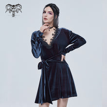 Load image into Gallery viewer, SKT141 daily life Black and red deep V neck sexy girls velvet loose lace belted dress