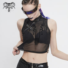 Load image into Gallery viewer, TT170 Cyberpunk Flocking Mesh Stand Collar Short T-shirt
