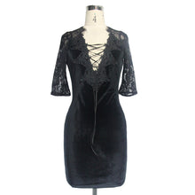 Load image into Gallery viewer, SKT030 daily lace raglan sleeves rose mesh flocking sexy women deep V velvet dress with lotus leaf