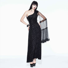 Load image into Gallery viewer, ESKT015 One-shoulder asymmetrical dark pattern stretchy velvet long dress with shawl