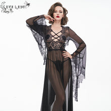 Load image into Gallery viewer, ESX004 see through flared sleeve lace black long night dress sexy lingerie