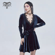 Load image into Gallery viewer, SKT141 daily life Black and red deep V neck sexy girls velvet loose lace belted dress