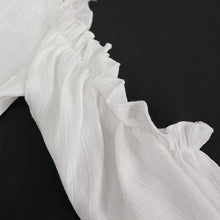 Load image into Gallery viewer, SHT08102 stand collar white fitted waist sexy ladies off the shoulder vertical striped lace Gothic shirts