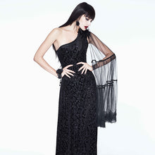 Load image into Gallery viewer, ESKT015 One-shoulder asymmetrical dark pattern stretchy velvet long dress with shawl