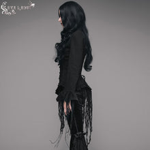 Load image into Gallery viewer, ESHT001 irregular hem lace triangular tassels jacquard sexy women long sleeves black blouse