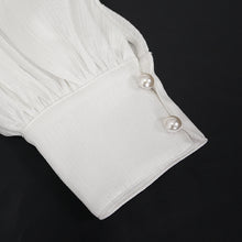 Load image into Gallery viewer, SHT08102 stand collar white fitted waist sexy ladies off the shoulder vertical striped lace Gothic shirts