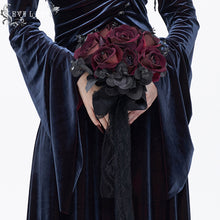 Load image into Gallery viewer, EAS013 handmade Gothic wedding red roses bridal bouquet with black ribbons and lace
