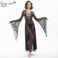 Load image into Gallery viewer, ESX004 see through flared sleeve lace black long night dress sexy lingerie