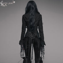 Load image into Gallery viewer, ESHT001 irregular hem lace triangular tassels jacquard sexy women long sleeves black blouse