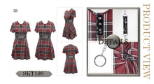 Load image into Gallery viewer, SKT109 daily life cool girls mesh waist stretchy mid-length Scottish red plaid dress with chains