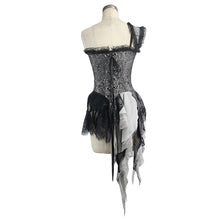 Load image into Gallery viewer, ECST002 Black and silver irregular chiffon lace and ruffles hem corset with shoulder strap